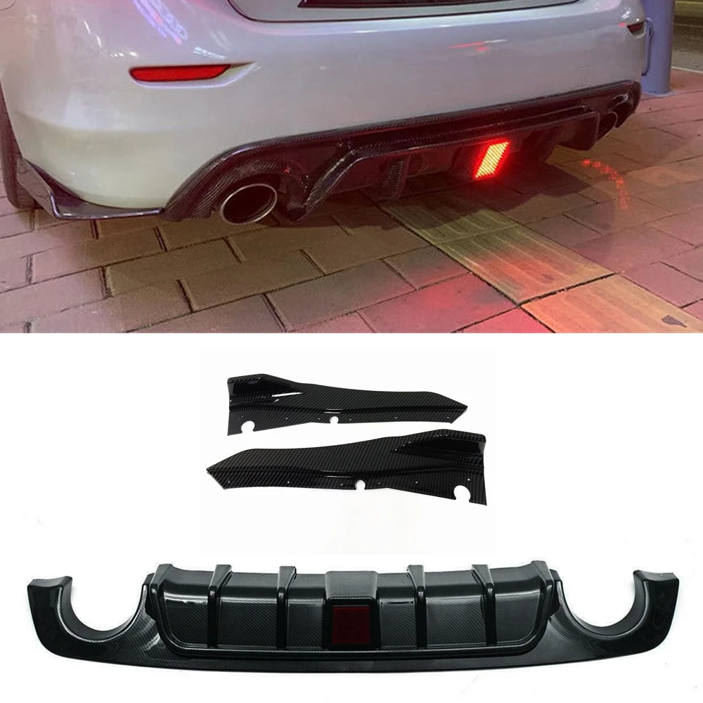 Carbon Fiber Look/Gloss Black For Infiniti Q50 2018-2020 Rear Bumper Diffuser Lip With LED Lamp+Boot Side Spoiler Splitter Cover