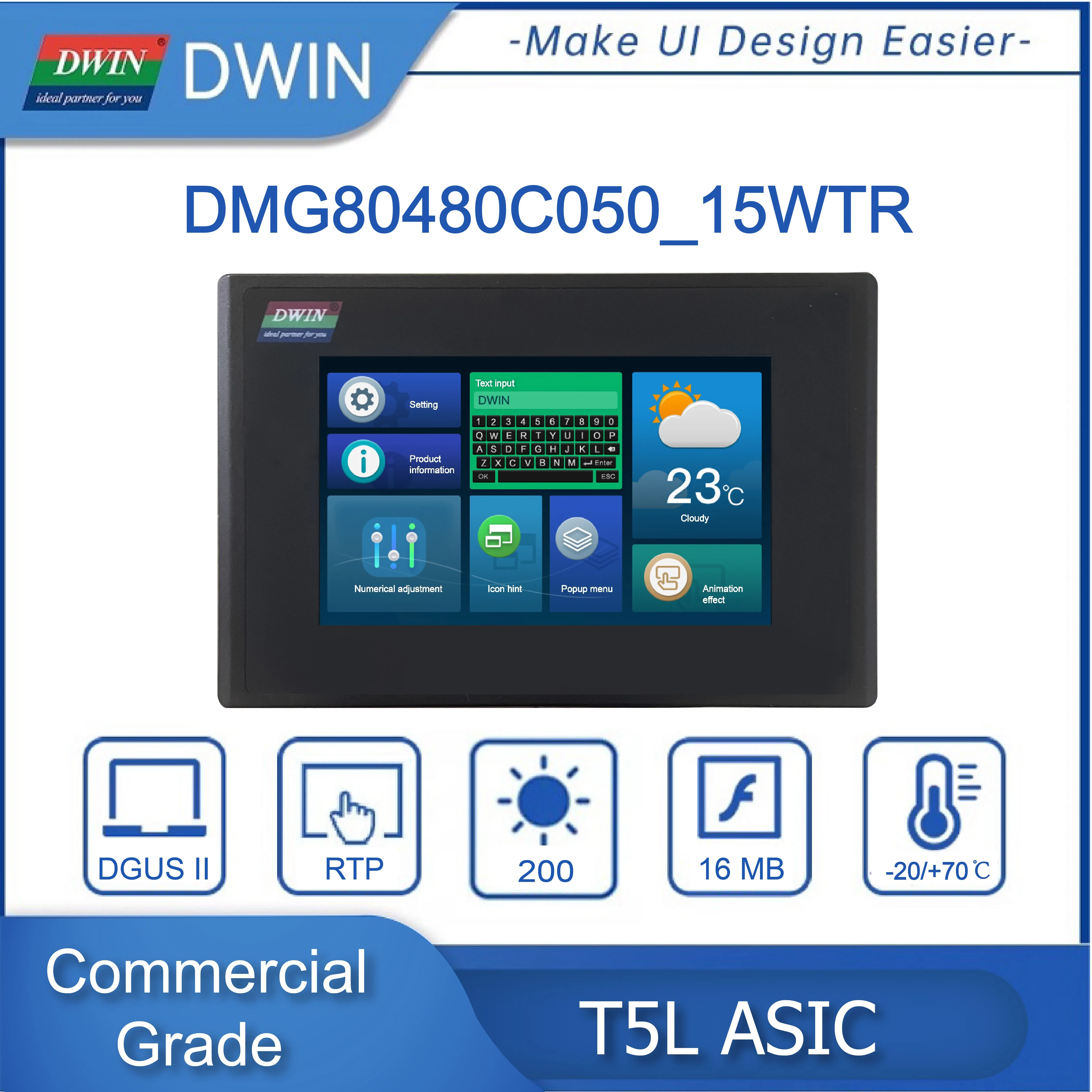 DWIN 5.0 Inch 800*480 TFT LCD Display Module Dsiplay Serial Port HMI Touch Panel Resistive Touch Screen with Enclosure