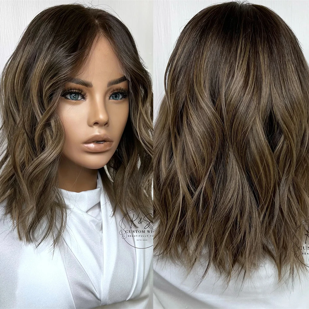 Kurze, natürliche Wellenperücke, braun, mit blonden Highlights, Lace-Front-Perücke ohne Kleber, hochwertige Kunstfaser für Frauen, einfach zu tragen