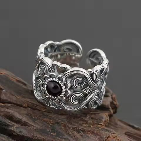 Retro Mongolian Flower Pattern Ring For Men Women Silver Color Gothic Adjustable Ring Handmade Unisex Jewelry Accessories Gift