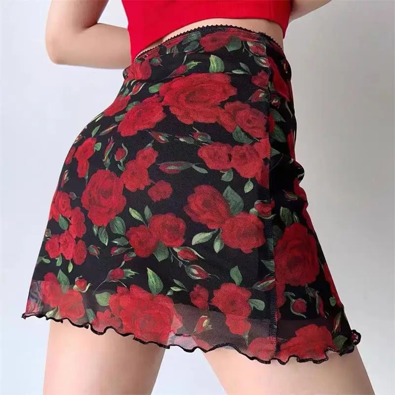Vintage Rose Print Mini Skirt Double Layered Mesh Skirt Women High Waist A-line Harajuku Y2k Casual Fashion Short Skirt