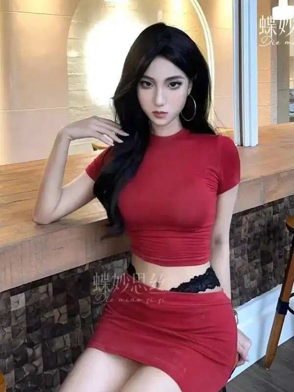 Butterfly Sexy Bodycon Skirt Sets Pure Desire Round Neck Short Sleeved Red Skirt Sets Charming Nightclub Style Thin Playful ZXUM
