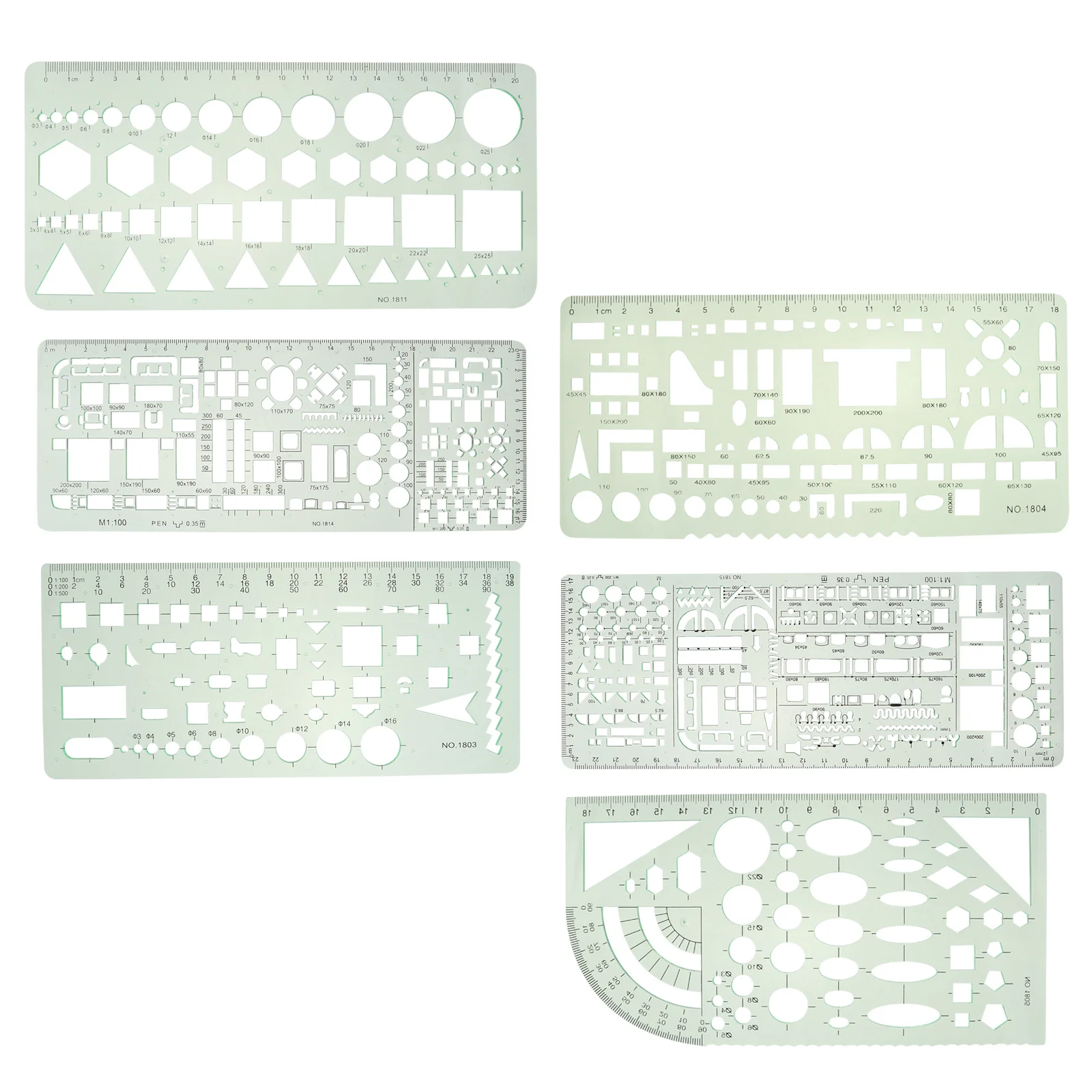 

6Pcs Drawing Template Rulers Green Plastic Geometric Measuring Tools School Office Drafting Templates Geometric Ruler