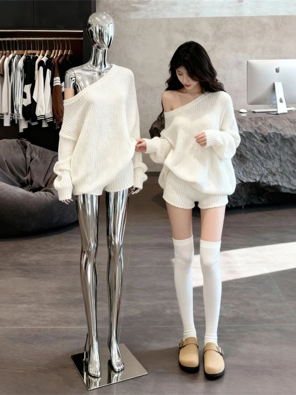 

Casual Lazy Sle Sweater Two-Piece Set Women's Autumn Winter New Slant Collar oulder Bared Long Sve Tight ort Pants Set