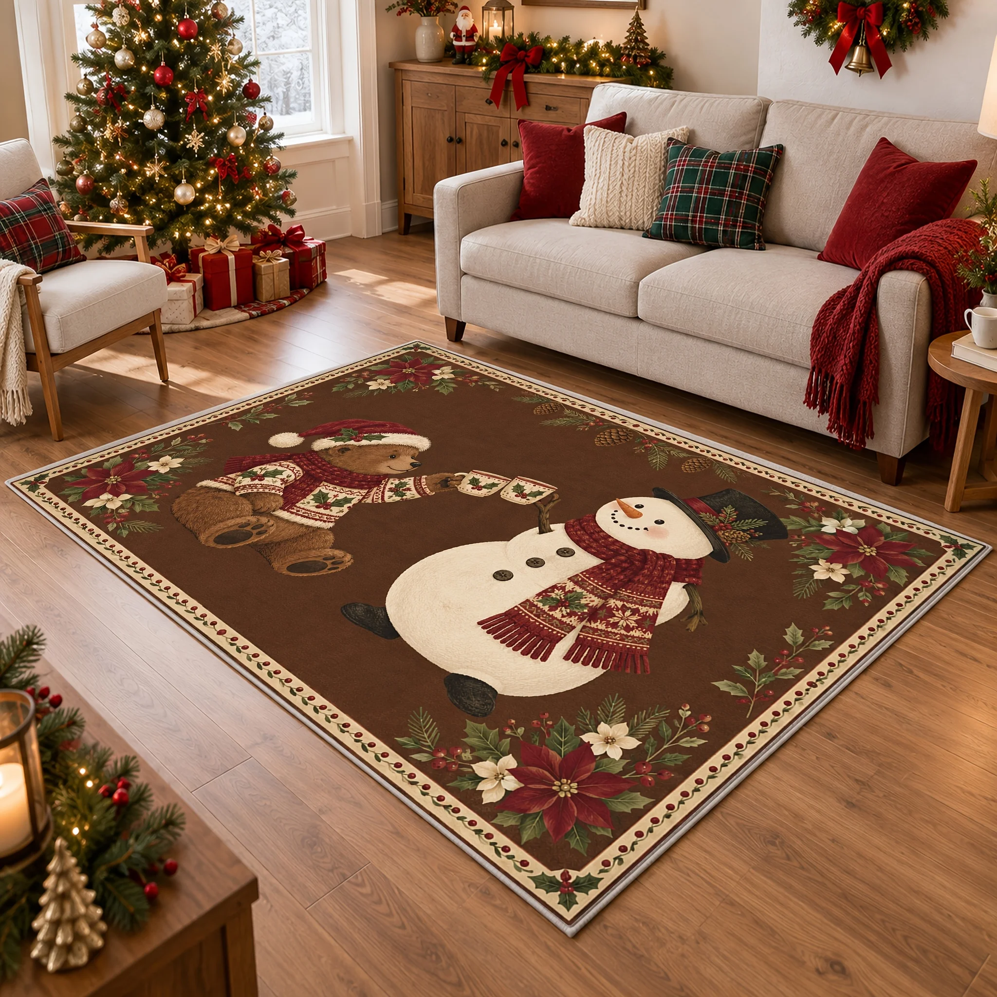 1pc Christmas Bear And Snowman Toasting Area Rug, 2D Flat Print, Indoor Floor Mat for Living Room, Xmas Home Decor