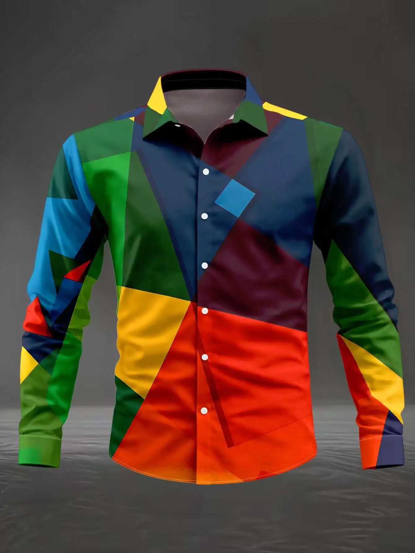 Men Long Sleeve Button Down Shirt Colorful Geometric Block Patchwork Print Polyester Lapel Collar Party Casual