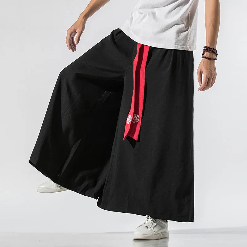 2026 Japanese Kimono Men Wide Leg Pants Joggers Retro Loose Trousers Man Yukata Style Linen Pants Big Crotch Nepal Robe Trousers