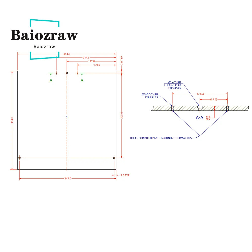 Imagem -04 - Baiozraw-super Flat Aluminum Placa de Construção Voron Trident Impressora 3d 250 mm 300 mm 350 mm mm