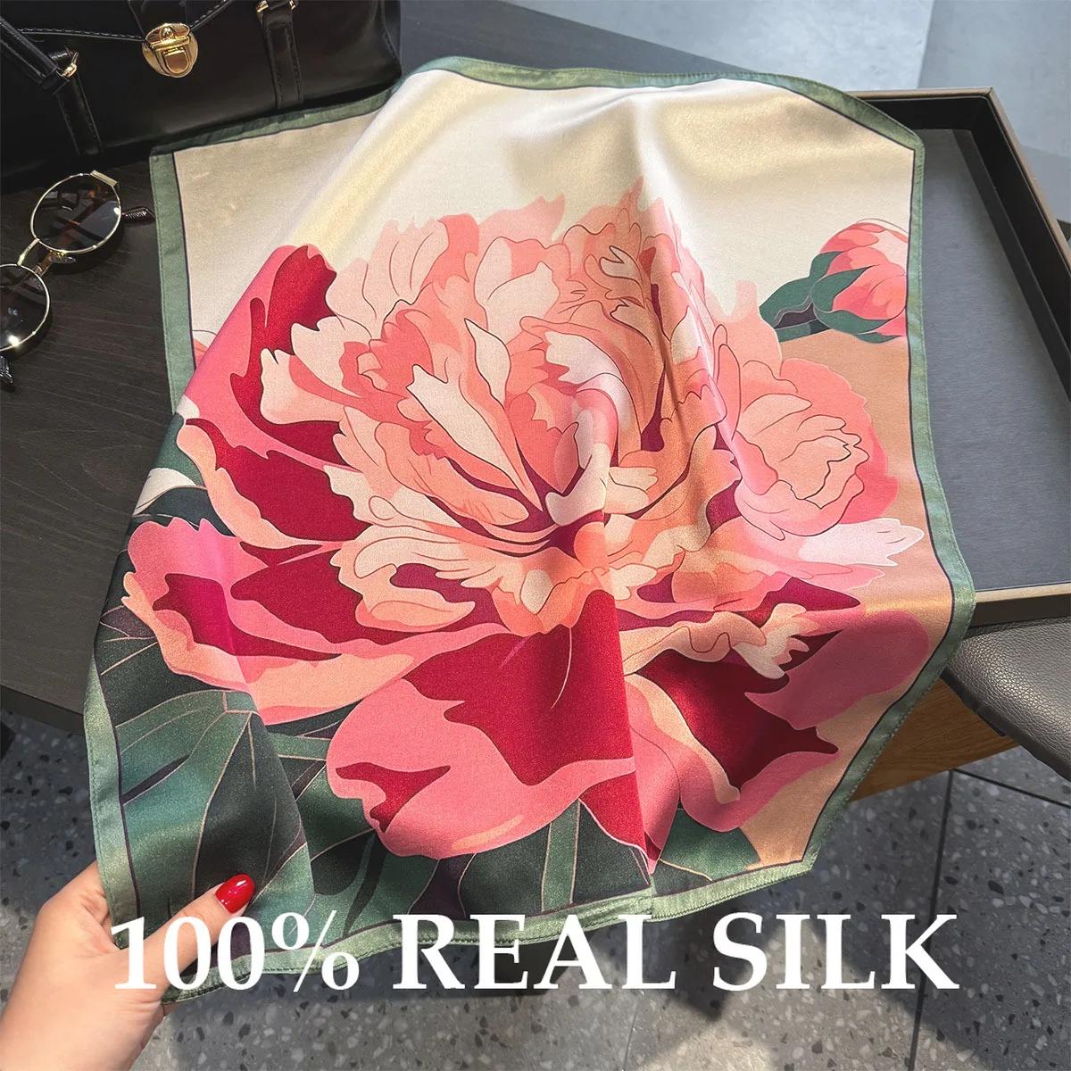 Neuer 100% Echtseidenschal für Damen, Bandana, quadratische Schals, Wickeltuch, modischer Sommer-Sonnenschutz, atmungsaktiv, hochwertiger Hijab