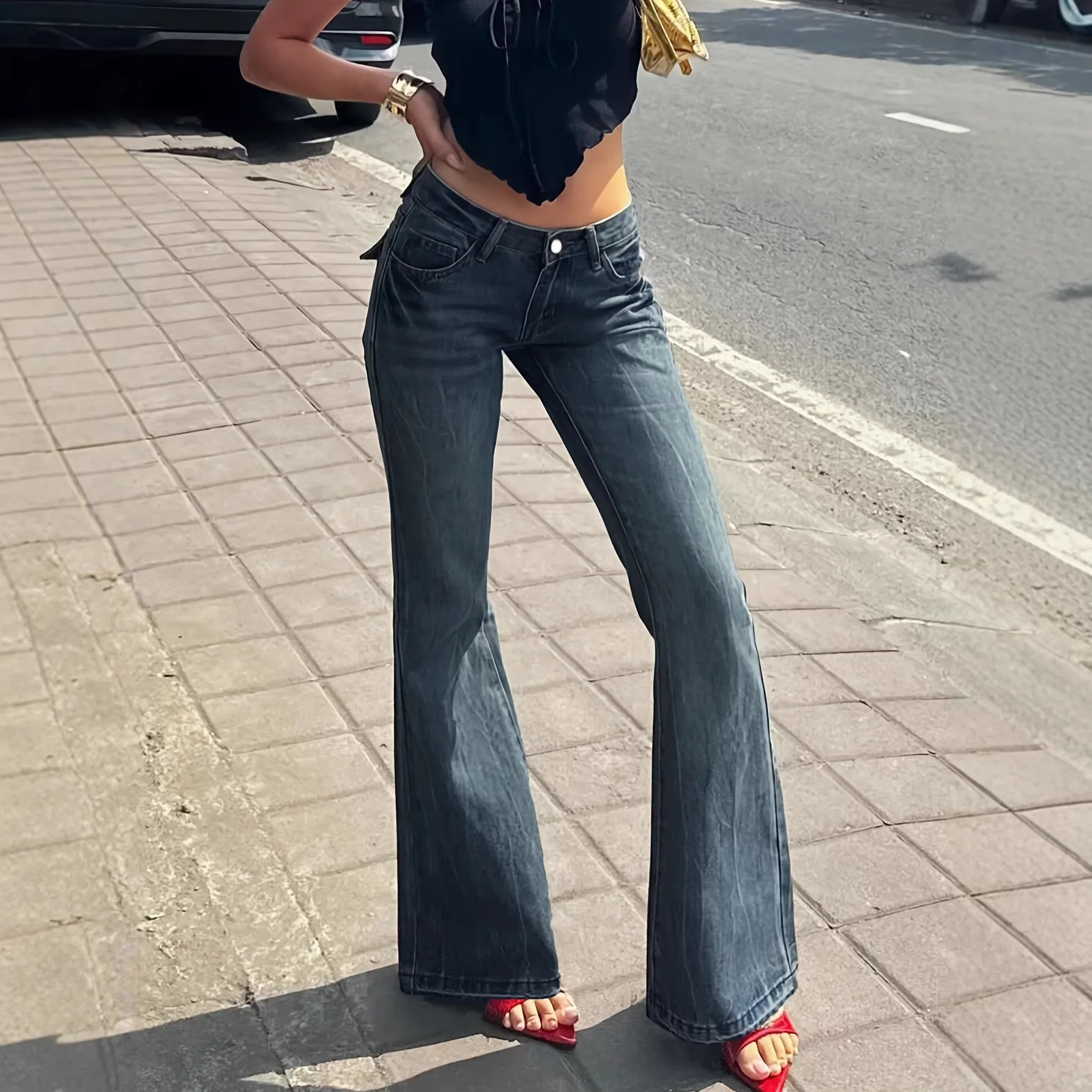 Women's Jeans Letter Embroidery Retro Low-rise Micro-pull Jeans Women, Elastic Denim Trousers, Source Manufacturer Spot