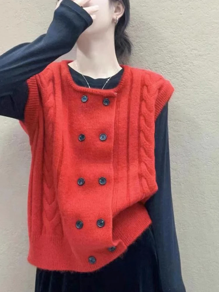 เสื้อกั๊กถักแบบกระดุมสองแถว เสื้อคลุมคาร์ดิแกนแบบเปิด ทรงหลวม สไตล์ต้นฤดูใบไม้ร่วง พร้อมแผ่นเสริมไหล่ แฟชั่นทันสมัยสำหรับผู้หญิง