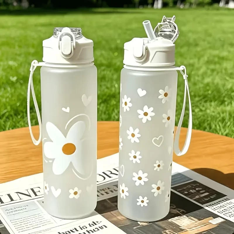 Frosted White Fresh Ins Style Small Daisy Flower Straw Cup with Drawstring Portable Suitable for Outdoor Fitness Lid Leak-Proof