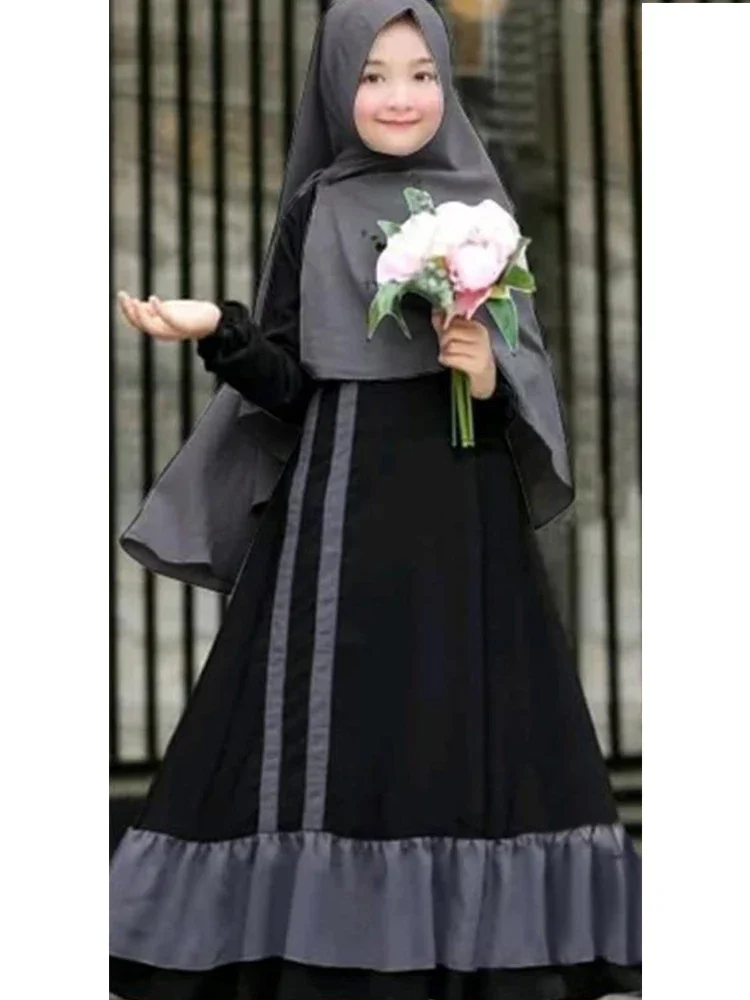 2Pcs Muslim Ramadan Prayer Dress Abaya Sets Children Girls Eid Khimar Hijab Arab Kids Long Robe Headscarf  Kaftan Gown jilbab