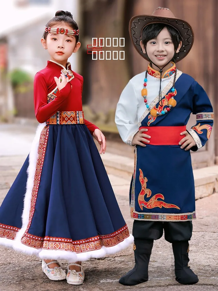 

Тибетская детская одежда: Монгольский этнический костюм для мальчиков, наряд для танцевальных выступлений, тибетская юбка для девочек, юбка средней длины