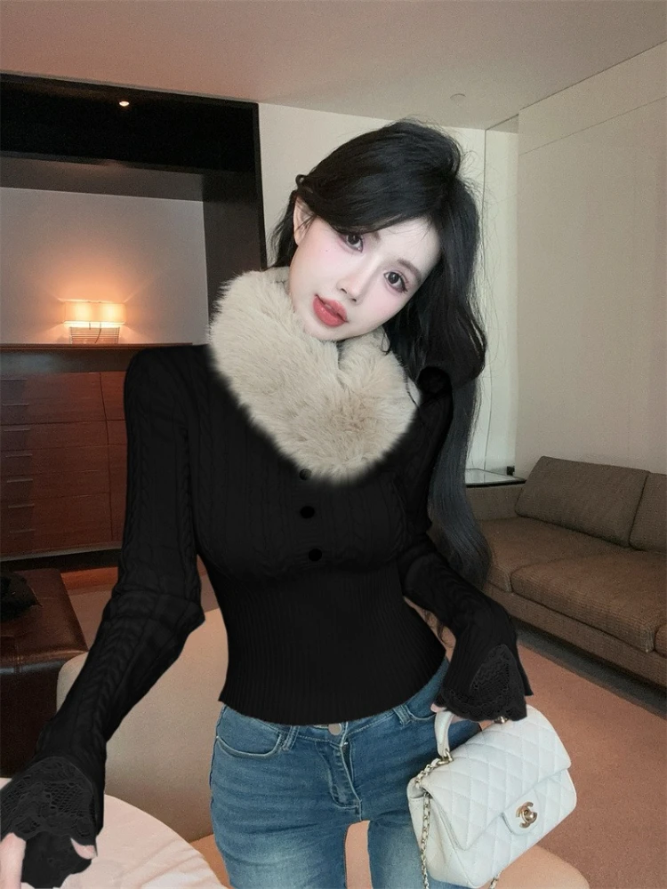 بلوفرات شتوية مثيرة موديل 2025 برقبة 0 متماسكة وبلوفرات مقصوصة للنساء بخصر مضلع وبلوزات ضيقة للخريف بطبقات