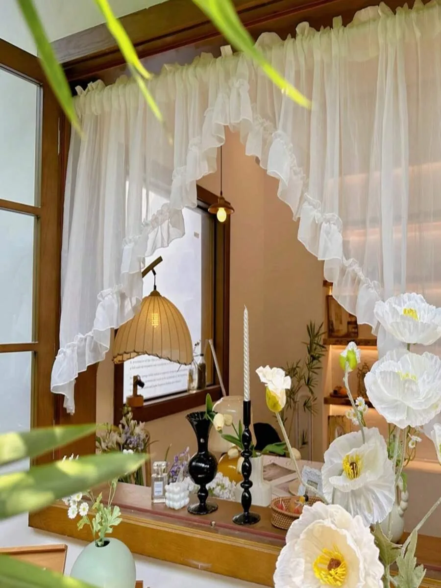 1pc High-Quality Lace Ruffle Sheer Curtain Panel, Elegant Window Valance Decor