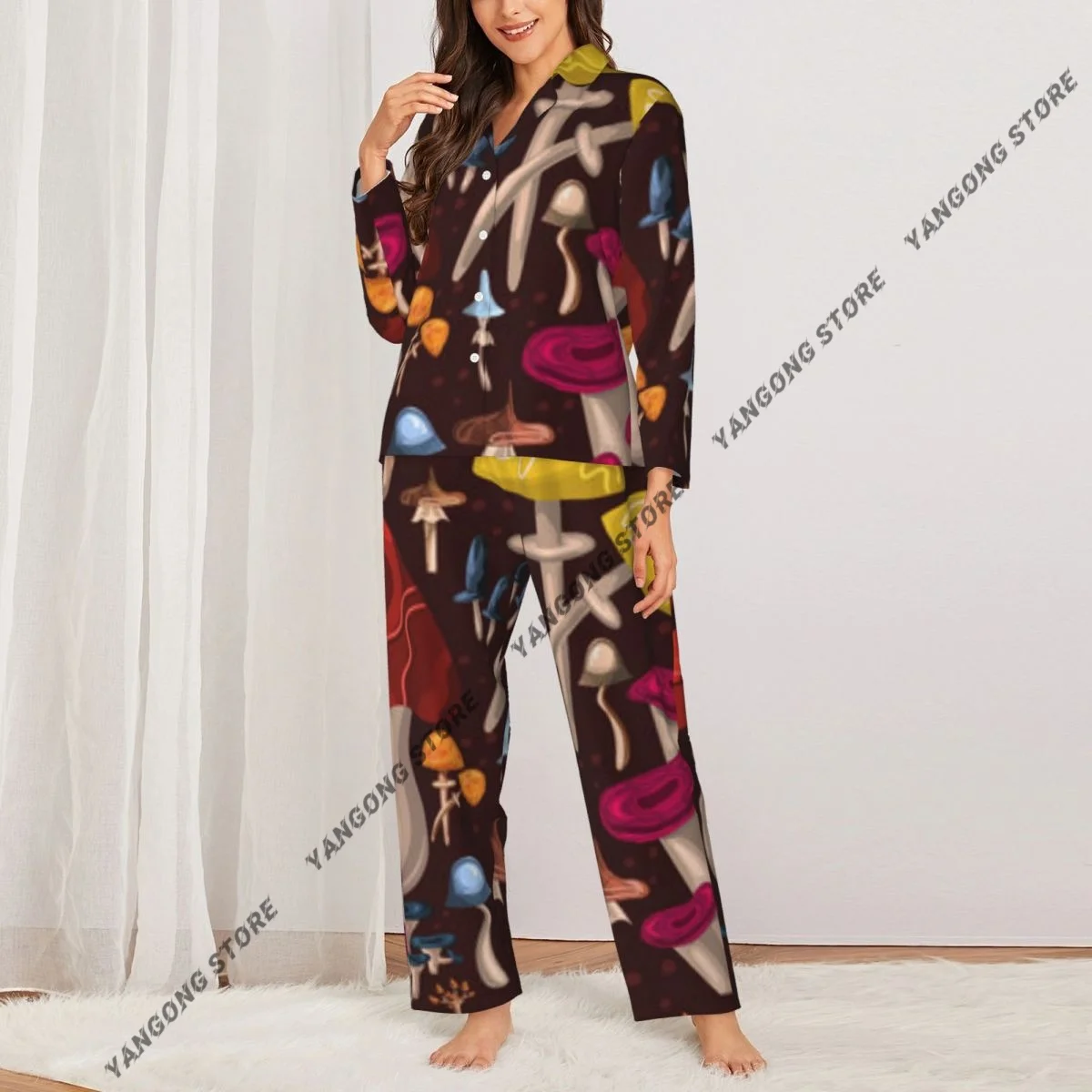Spring and Autumn Pajama Set Women's Long Sleeve Pants Two Piece Fantastic Mushrooms Colorful Mushrooms Home Furnishing Set