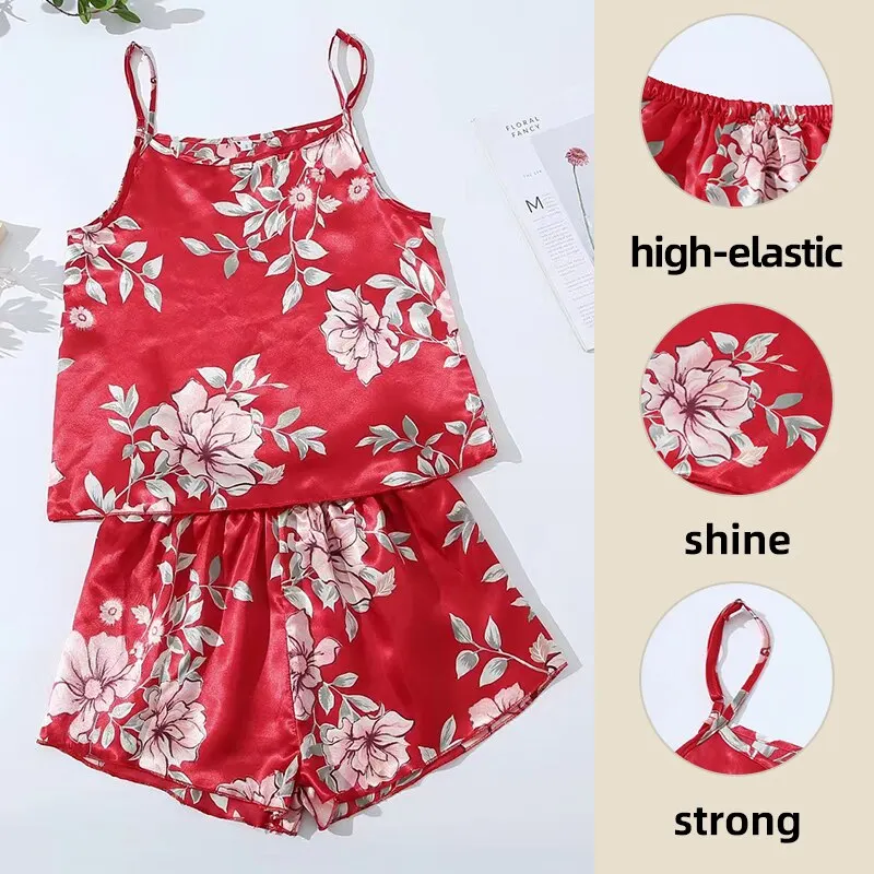 Women Sexy Pajamas Sleepwear Pajama Set Nightgowns Camisole And Shorts Black Red L XL XXL Flower Printing Summer Casual