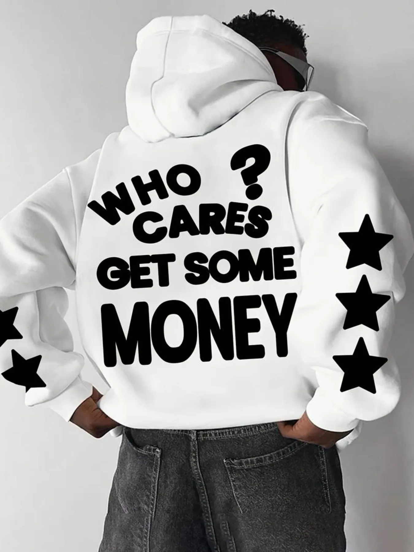 Men Hip Hop Graphic Hoodie WHO CARES GET SOME MONEY Back Star Print Hooded Sweatshirt Y2K Streetwear Long Sleeve Pullover Tops