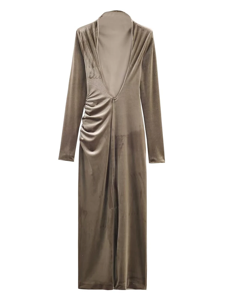 Damska seksowna długa sukienka 2025 jesień zima nowa sukienka z dekoltem typu O, długimi rękawami, marszczona, aksamitna, długa sukienka elegancka, modna sukienka wieczorowa