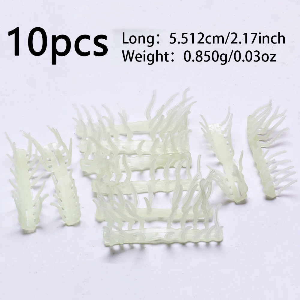 10 pcs noctilucent wooden shrimp accessories, soft rubber luminous shrimp feet, white with green luminous effect, simulated feet view 6