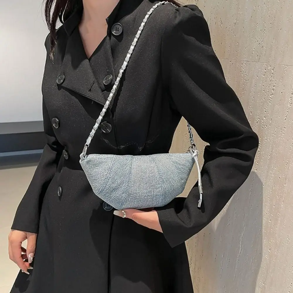 

Elegant Chain Croissant Pack Satchel Korean Style Zipper Denim Dumpling Bag Half Moon Purse Nylon Shoulder Bag Student