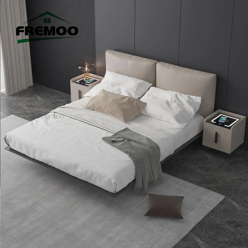 Minimalist Home Master Bedroom Furniture With Nightstand LED Lights King Size Fabric Wholesale Nordic Suspension Beds