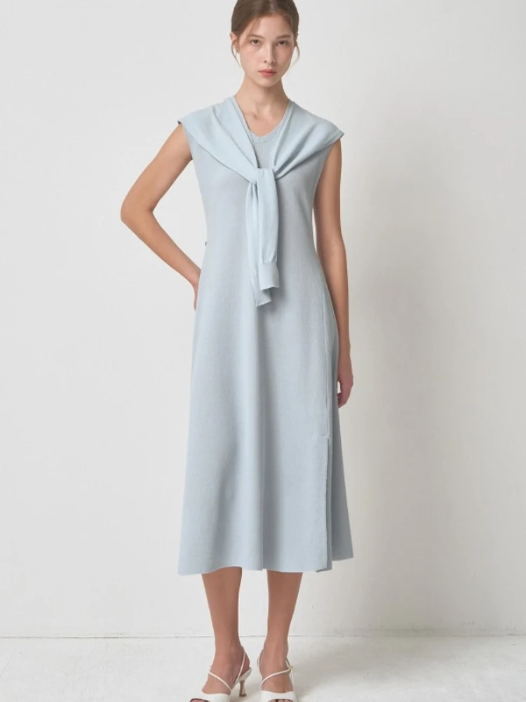 

Fashionable Korean Style V-Neck Knitted Dress Skin-Friendly Medium-Length Detachable Shoulder Wrap Summer New Arrival for Women