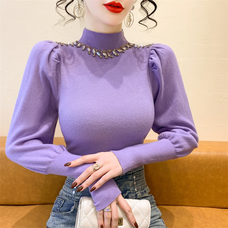 

2025, новинка, европейский, одежда, вязаный, свитер, женский, модный, сексуальный, с круглым вырезом, блестящий, бисер, бриллианты, рукав-фонарь, фонарь, топы, 51009