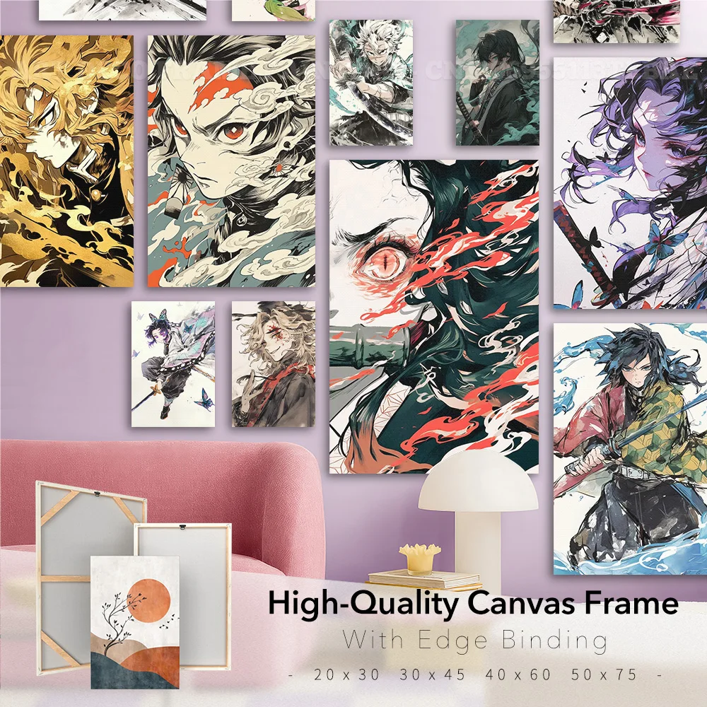 Lukisan Tinta Gaya Karakter Anime Cetak Kanvas Bingkai Gambar Seni Dinding Dekorasi Rumah Poster Kamar Untuk Demon Slayer: Kimetsu No Yaiba