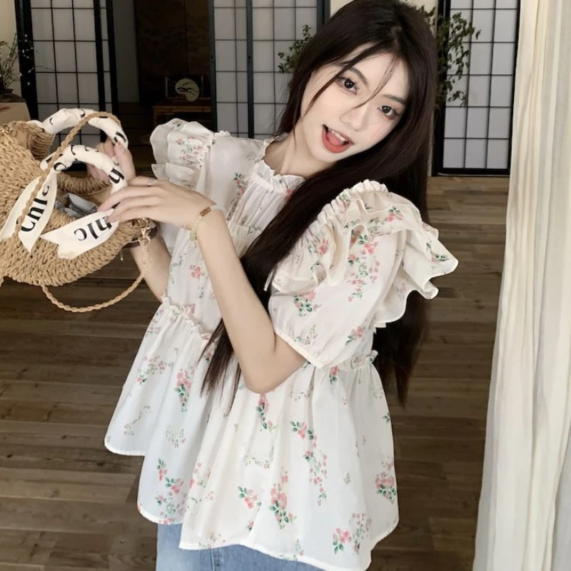 Princess Floral Blouses Women Graceful Ruffles Age-reducing Kawaii Summer Mori Girl Style Fashion New Korean Version Loose Tops