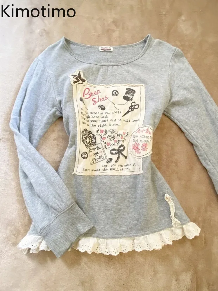 T-shirts Kimotimo à manches longues imprimés patchwork en dentelle pour femmes, nouvelle collection 2026, hauts amples et polyvalents, style vintage Y2K esthétique