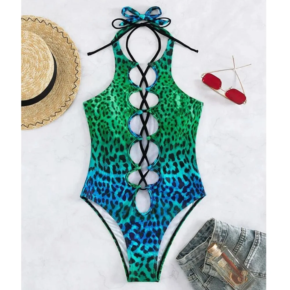 VigoBeviya 2025 Print Cross Hollow Halter Swimwear Women Sexy High Cut Push UP One Piece Swimsuit Monokini Summer Bathing Suit