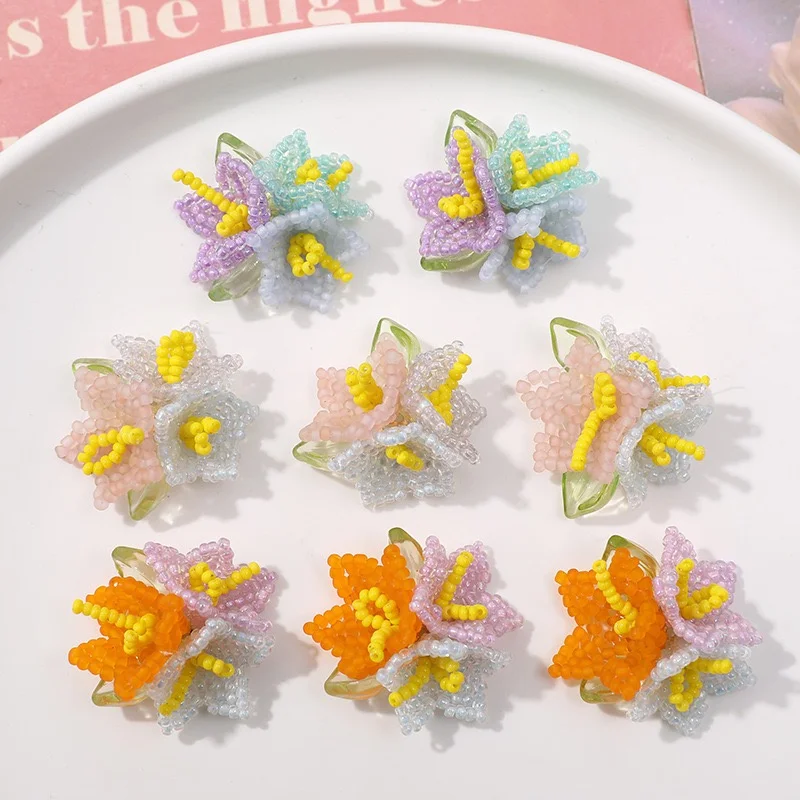 Wholesale 10pcs/lot color glass acrylic beads handmade weave 30mm flowers shape floral diy jewelry garment hair accessory