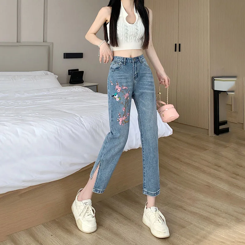 

Floral Embroidered Jeans for Women 2023 Spring New Versatile Fashion Baggy Straight Trousers Wide Leg Jeans Denim