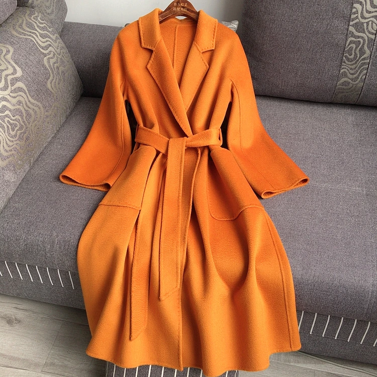 Casual Big Size Thick Water Ripple Handmade Double-sided Wool Women Coat Lapel Long Seelve Loose Belt Jacket New Autumn Winter