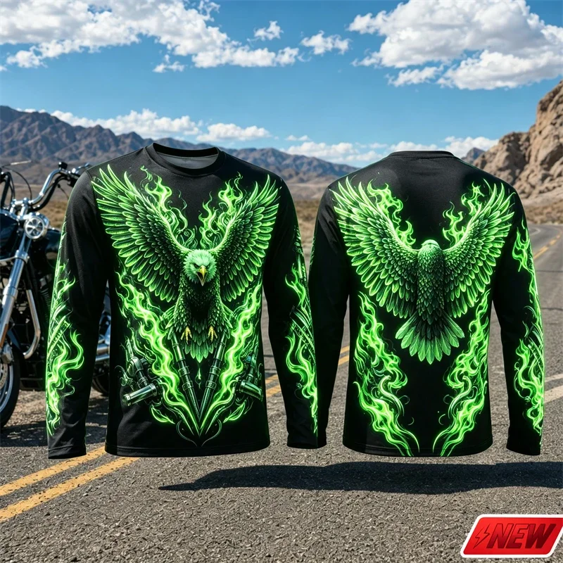 Men Polyester Long Sleeve T-shirt 3D Print Flame Mechanical Bald Eagle Front Back All Over Print Crew Neck Casual Graphic Tops