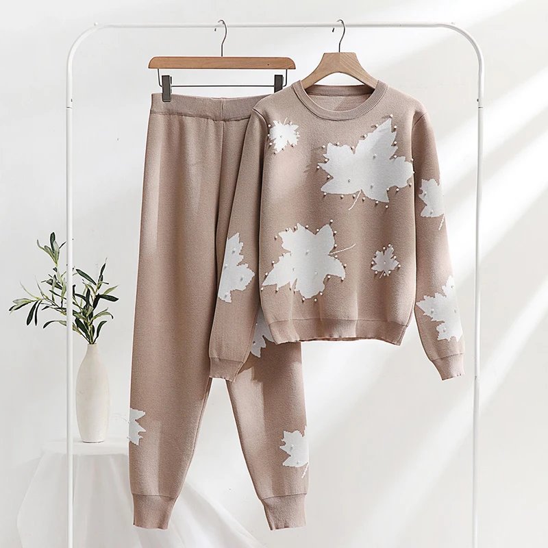 Beading Sweater Pullover 2 Piece Sets Women Maple Leaf Print Knitwear Jumper Suits High Waist Knit Harem Jogger Pants Conjunto