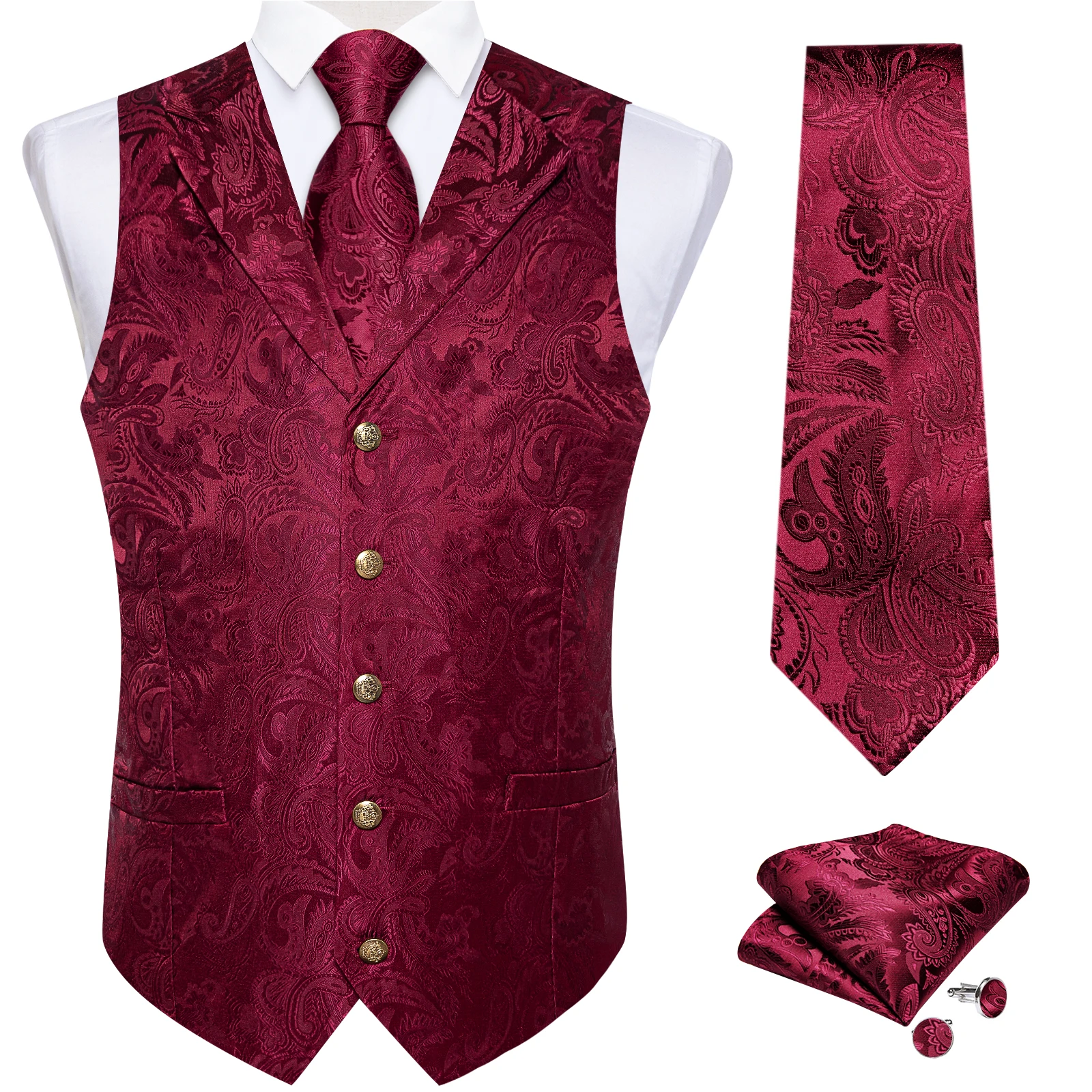 Luxury Red Paisley Silk Suit Vest for Men with 8cm Neck Tie Handkerchief Cufflinks Wedding Prom Blue Grey Tuxedo Waistcoat