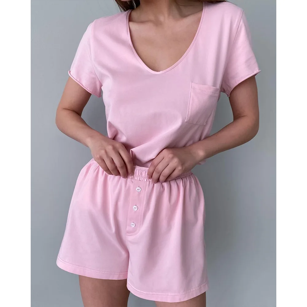 V-neck shorts pajama set for spring and summer 2024, casual, loose and comfortable, cotton short sleeved T-shirt set