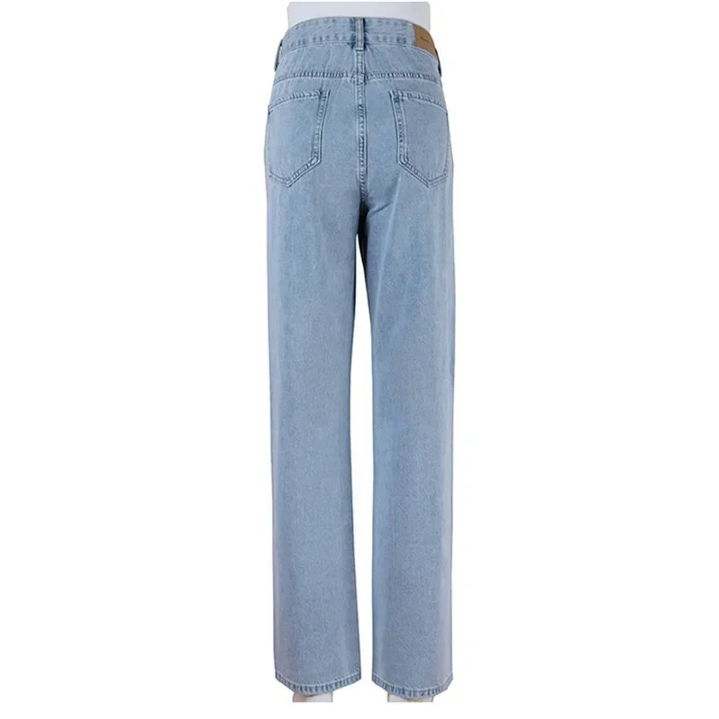 Women Jeans Washing Y2k Denim Straight Mom Pants Ankle Length High Waist Zipper Holes Pockets Loose Streetwear Casual Work