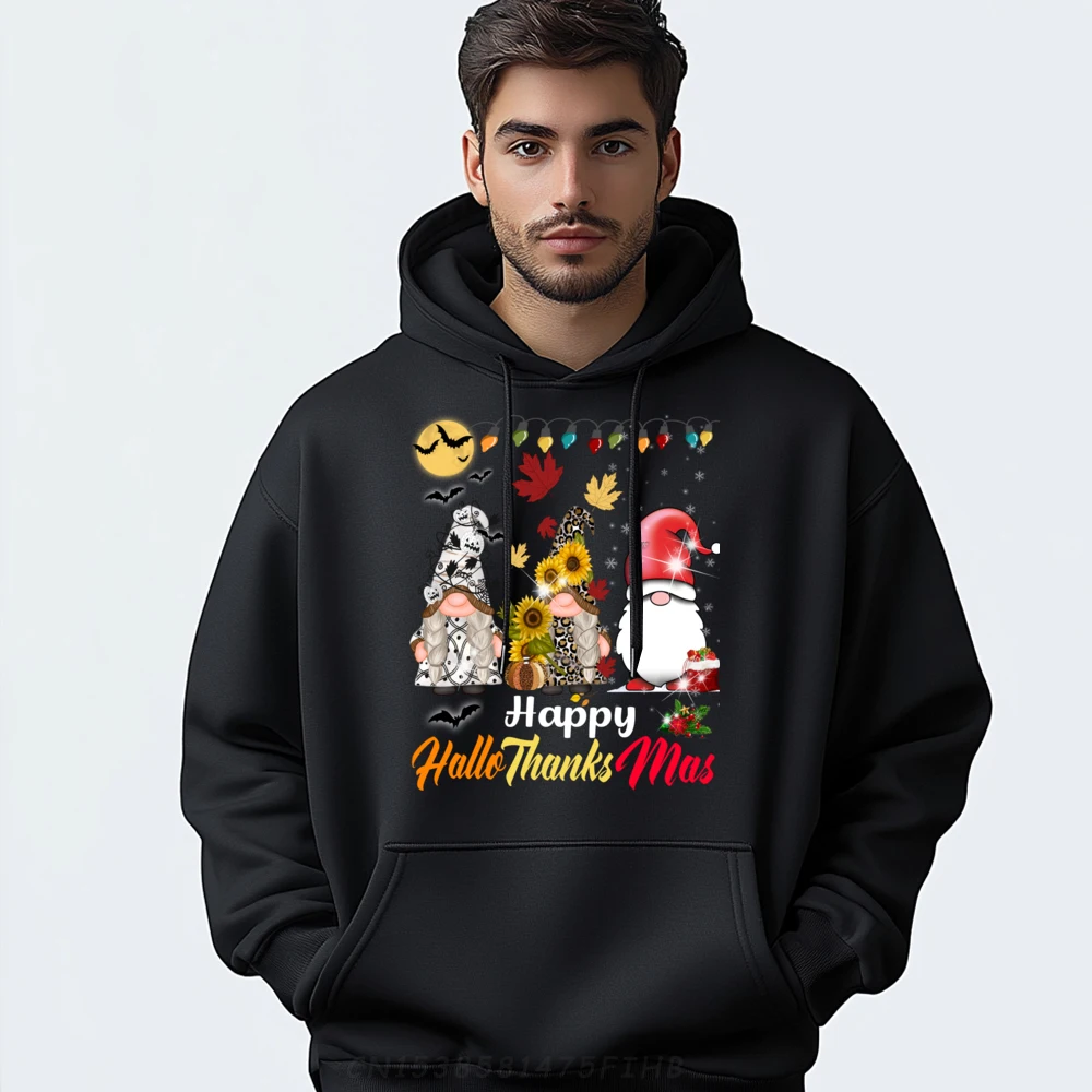 

Happy Hallothanksmas Gnomes Halloween Thanksgiving Christmas Plain Shirt Men's Oversize Long Sleeve Aesthetic