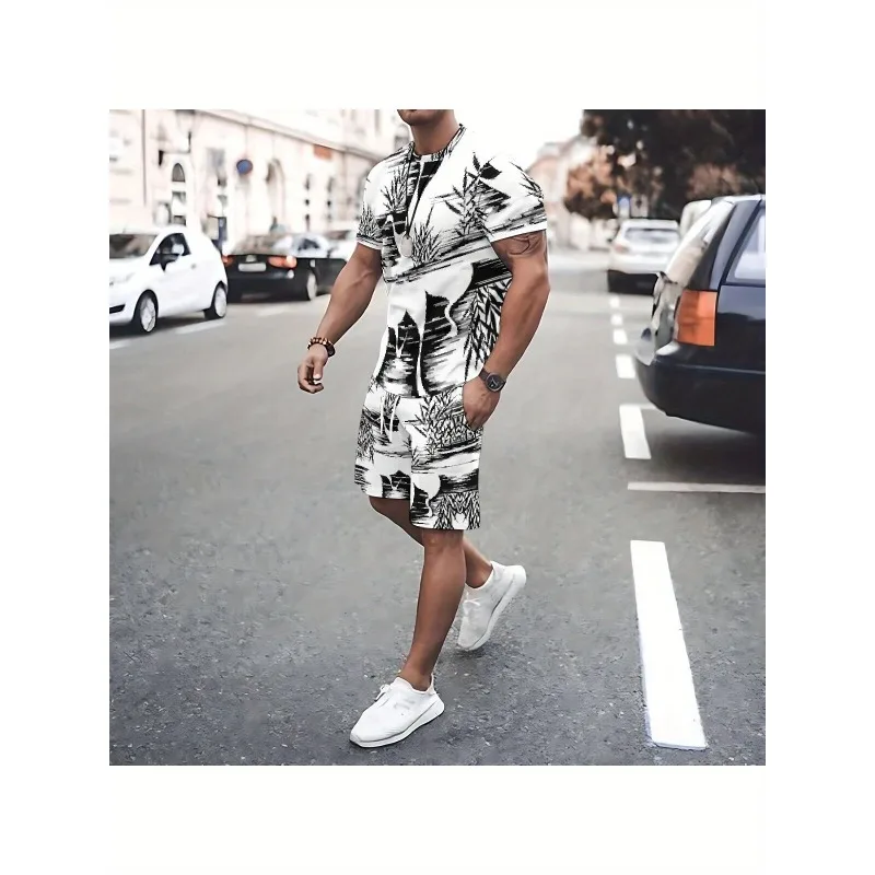 2025 Fashion New Trend Summer 3D Digital Printing Creative Casual Round Neck Short Sleeved Shorts Set Retro Men's T-shirt