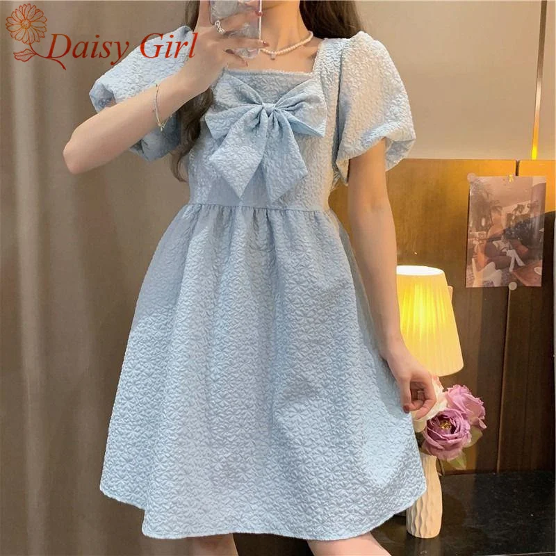 

Summer Cute Princess Style Design Sense Solid Color Middle Skirt Girl Square Collar Puff Sleeve Doll Skirt Bow Dress