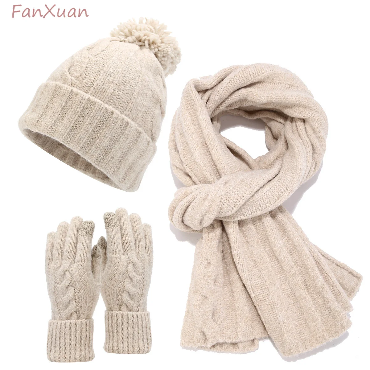 النساء الشتاء مجموعة 3 قطعة قبعة قفازات وشاح طويل تويست متماسكة قبعة الشتاء مجموعة بلون Pompom مجموعة دافئة بسيطة أسود رمادي أحمر وردي