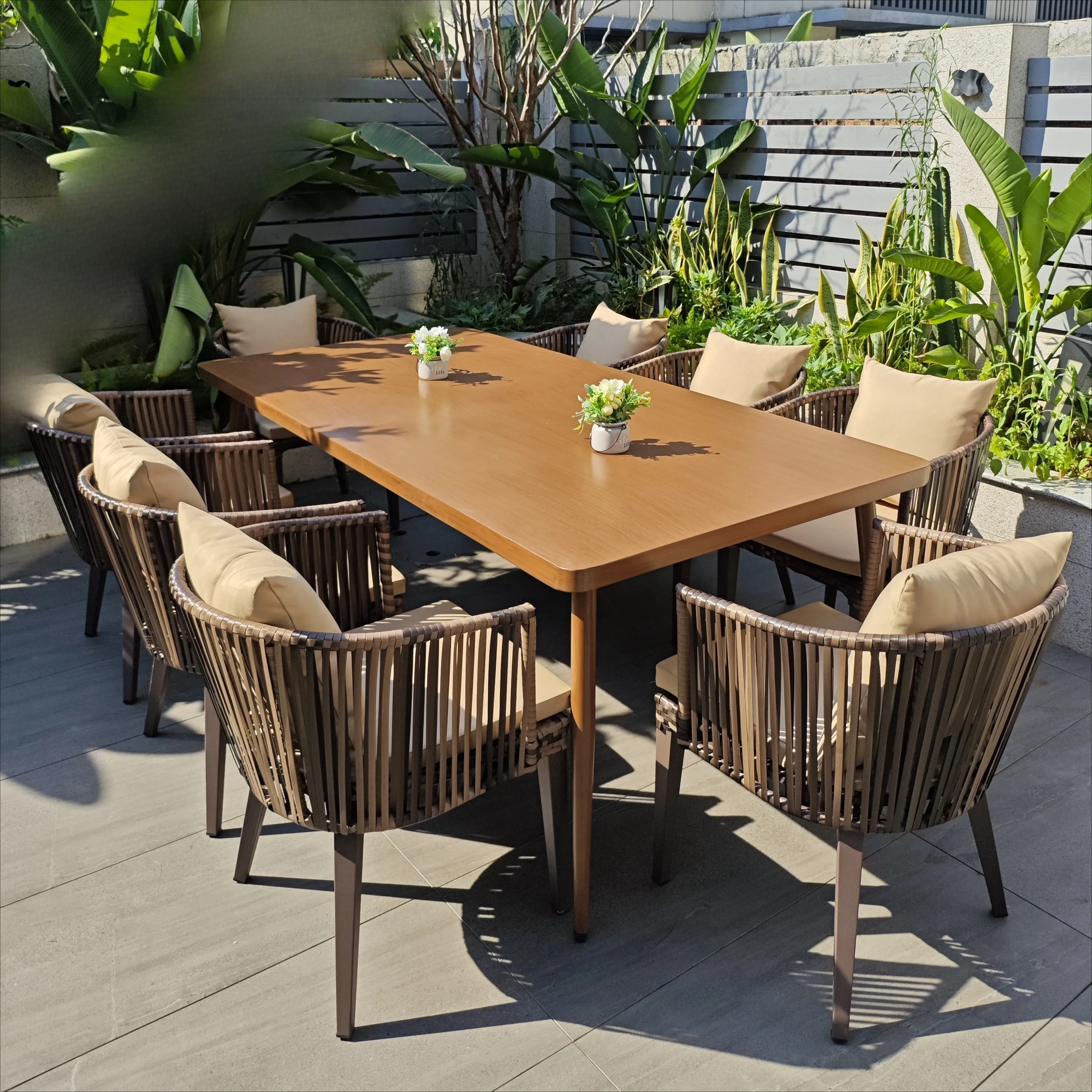 Outdoor tables, chairs, tables and chairs Leisure terrace Rattan chairs Plastic wood tables Combination outdoor crochet rattan