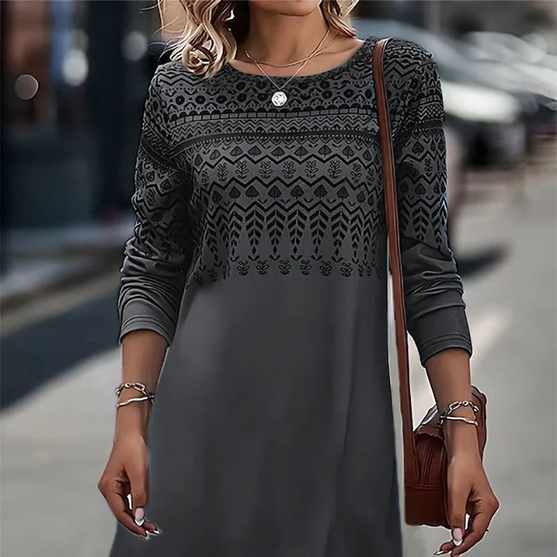 

2023 Autumn and Winter Women's Pullover Round Neck Patchwork Printing Loose Fashion Casual Elegant Commuter Long Sleeve Dress