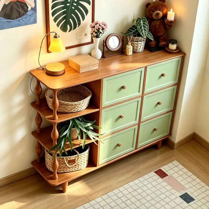 Clear mint green solid wood storage cabinet medium antique small apartment storage bedroom six chest cabinet floor balcony