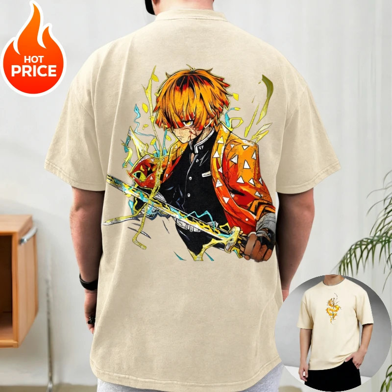Image of Demon Slayer Agatsuma Zenitsu Harajuku Herren Sommer Vintage Oversized T-Shirt Damen Streetwear Unisex Casual Kurzarm Top Tee