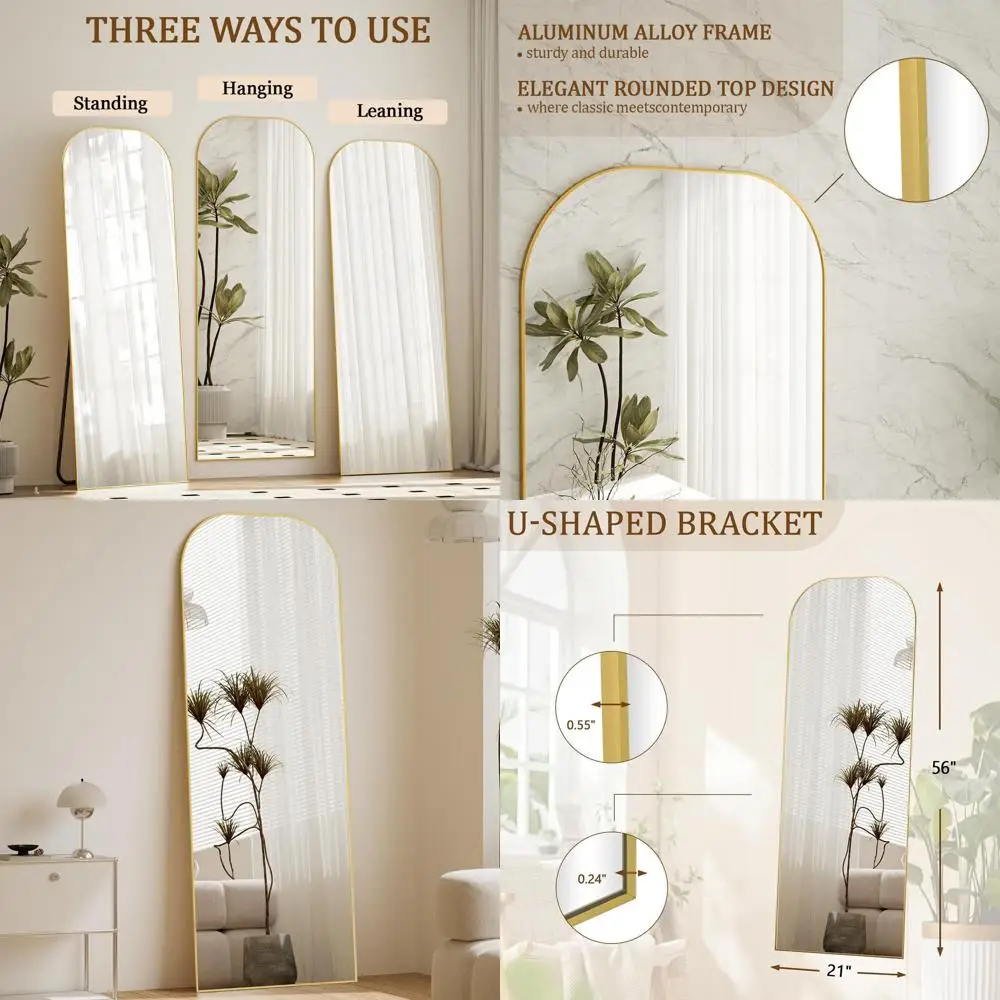 

56x21 Gold Dome Top Square Edge Floor Mirror with Stand for Living Room and Bedroom